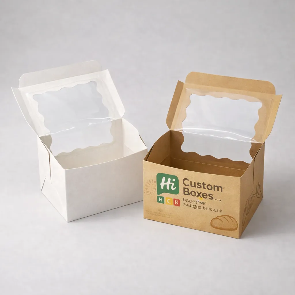 Two small loaf boxes in white and brown kraft with wavy edge transparent windows on top. class=
